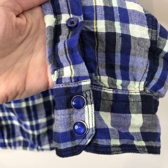 Guess Men's Western Slim Fit Blue Plaid Linen Blend Pearl Snap Shirt Size Large - Picture 4 of 6